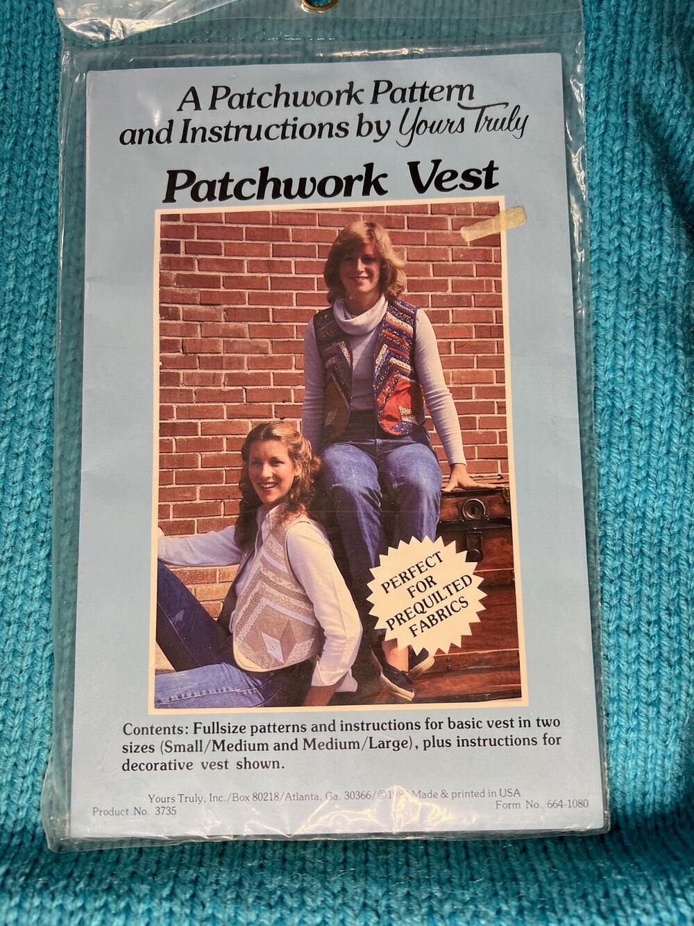 Sewing pattern quilted patchwork vest 1980s boho Size Small Medium Large